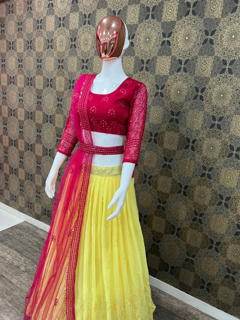 Embroidered Wedding Wear Yellow Pink Lehenga Choli
