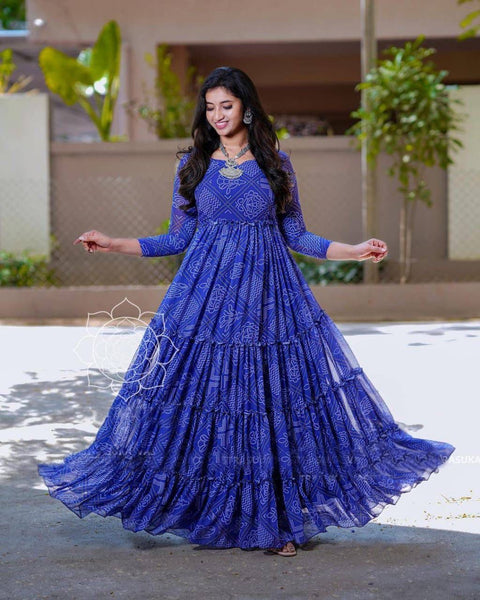 Beautiful Blue Frill Bandhani Gown