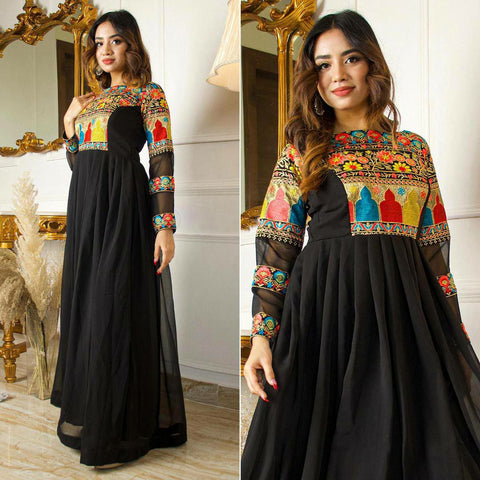 Black Georgette Gown with Embroidery