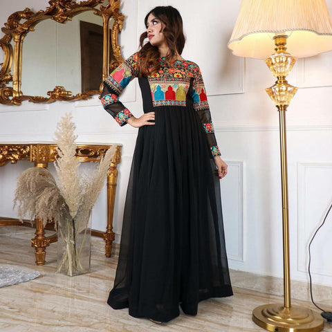 Black Georgette Gown with Embroidery