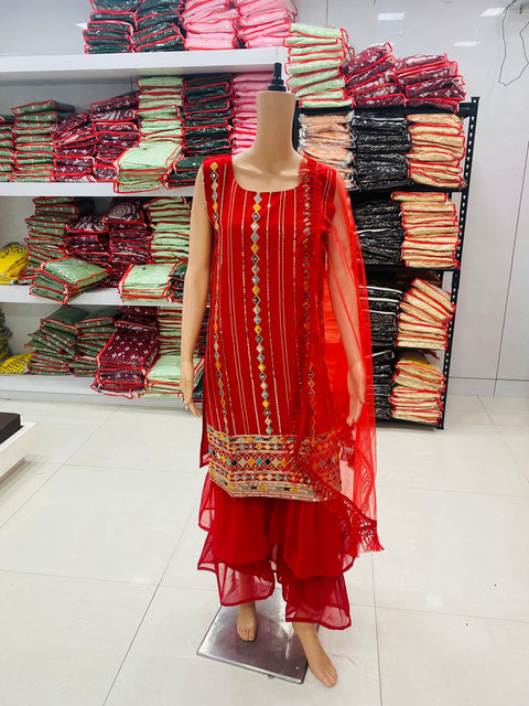 Fabulous Red Color Kurta With Sharara And Dupatta sets