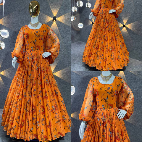 Beautiful Floral Orange Party Wear Gown