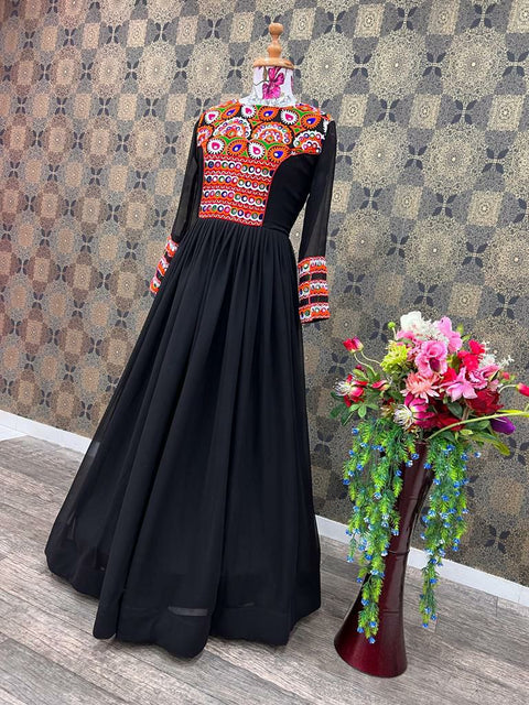 Black Georgette Gown with Embroidery And Mirror Work
