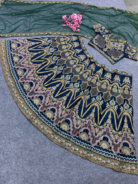 Dirty Green Color Embroidered Party Wear Silk Lehenga Choli