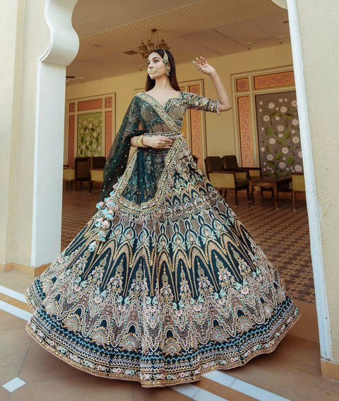 Dirty Green Color Embroidered Party Wear Silk Lehenga Choli