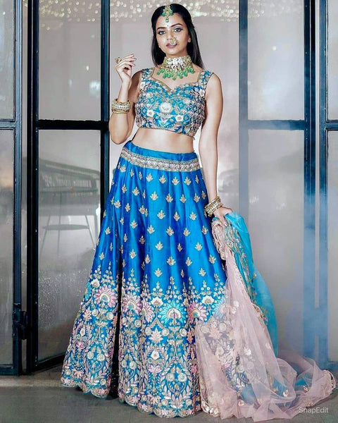 Blue Color Embroidered Party Wear Silk Lehenga choli