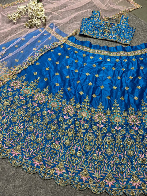Blue Color Embroidered Party Wear Silk Lehenga choli