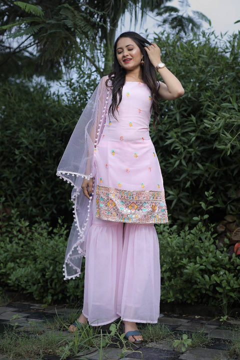 Fabulous Baby Pink Color Kurta With Sharara And Dupatta sets