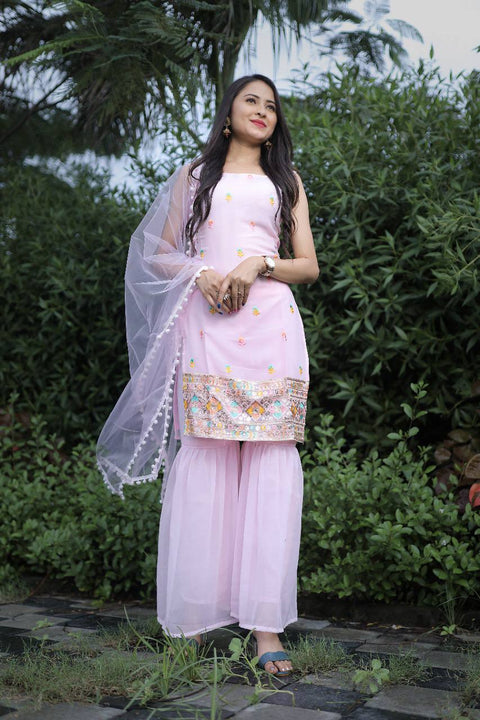 Fabulous Baby Pink Color Kurta With Sharara And Dupatta sets