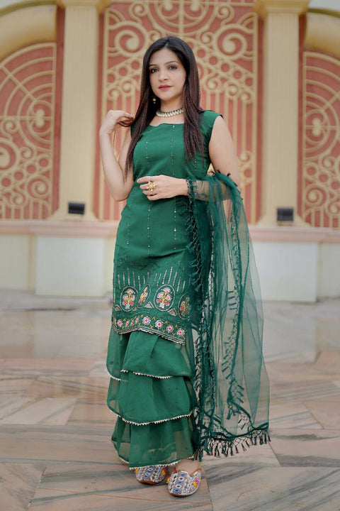 Fabulous Bottle Green Color Kurta With Sharara And Dupatta set