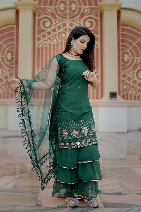 Fabulous Bottle Green Color Kurta With Sharara And Dupatta set